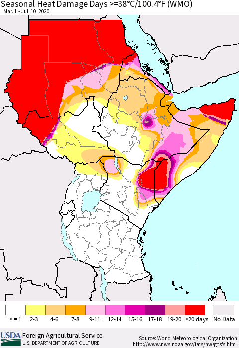 Eastern Africa Seasonal Heat Damage Days >=38°C/100°F (WMO) Thematic Map For 3/1/2020 - 7/10/2020