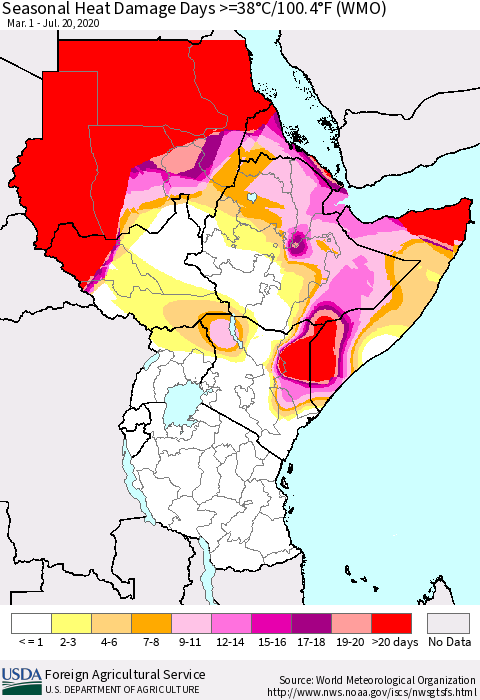 Eastern Africa Seasonal Heat Damage Days >=38°C/100°F (WMO) Thematic Map For 3/1/2020 - 7/20/2020