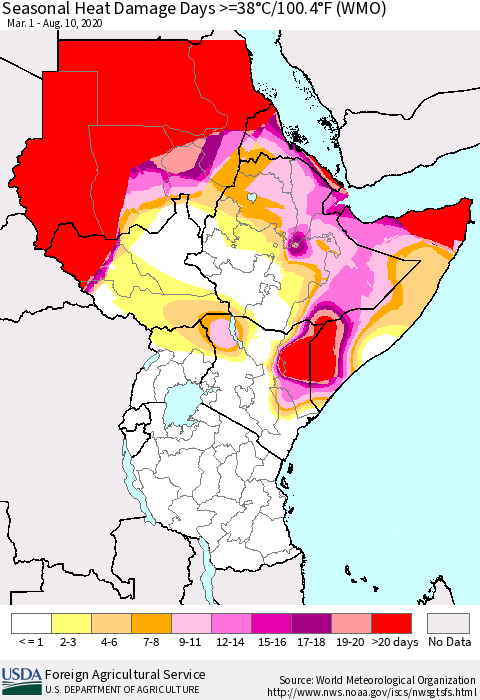 Eastern Africa Seasonal Heat Damage Days >=38°C/100°F (WMO) Thematic Map For 3/1/2020 - 8/10/2020
