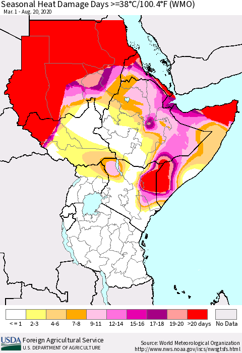 Eastern Africa Seasonal Heat Damage Days >=38°C/100°F (WMO) Thematic Map For 3/1/2020 - 8/20/2020