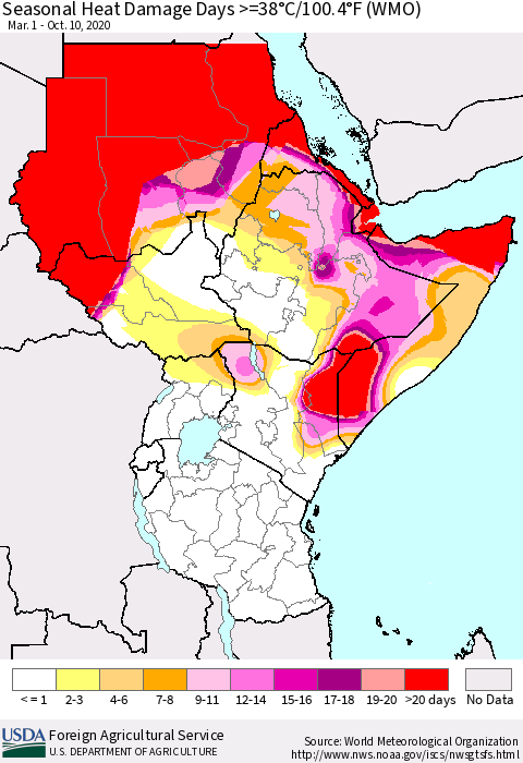 Eastern Africa Seasonal Heat Damage Days >=38°C/100°F (WMO) Thematic Map For 3/1/2020 - 10/10/2020