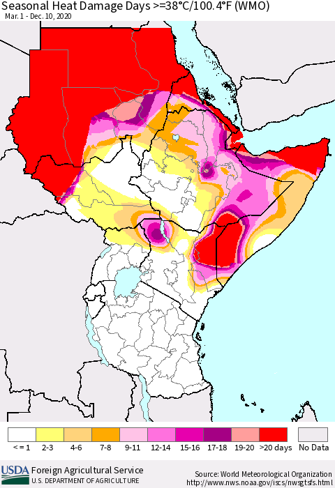 Eastern Africa Seasonal Heat Damage Days >=38°C/100°F (WMO) Thematic Map For 3/1/2020 - 12/10/2020