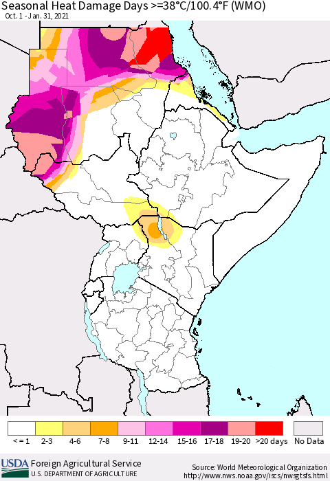 Eastern Africa Seasonal Heat Damage Days >=38°C/100°F (WMO) Thematic Map For 10/1/2020 - 1/31/2021