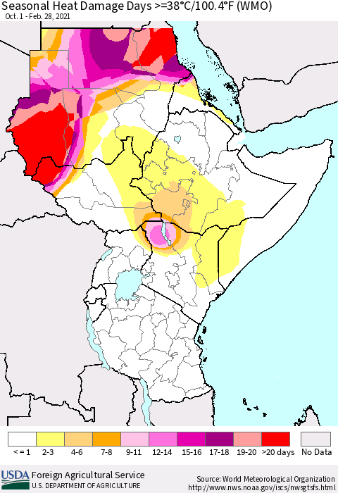Eastern Africa Seasonal Heat Damage Days >=38°C/100°F (WMO) Thematic Map For 10/1/2020 - 2/28/2021