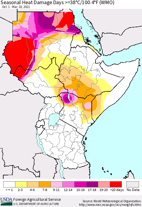 Eastern Africa Seasonal Heat Damage Days >=38°C/100°F (WMO) Thematic Map For 10/1/2020 - 3/10/2021