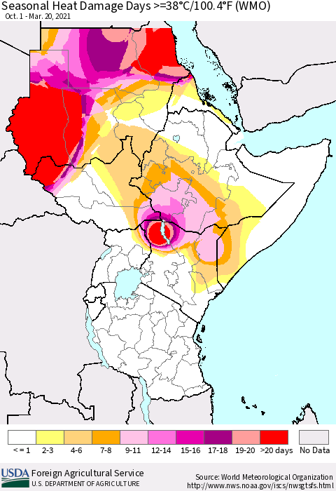 Eastern Africa Seasonal Heat Damage Days >=38°C/100°F (WMO) Thematic Map For 10/1/2020 - 3/20/2021