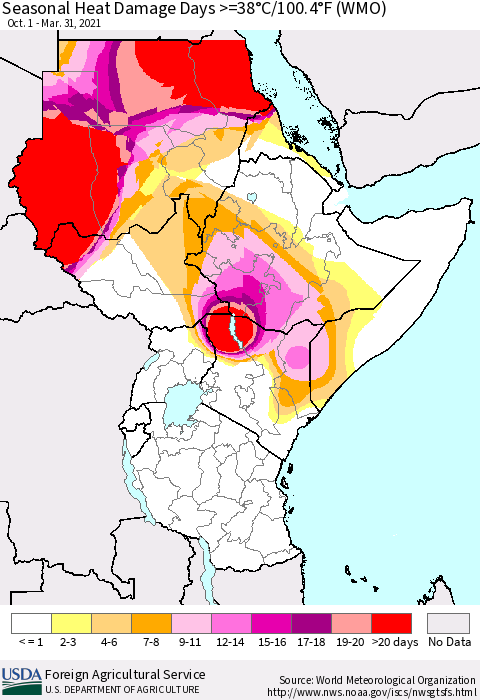 Eastern Africa Seasonal Heat Damage Days >=38°C/100°F (WMO) Thematic Map For 10/1/2020 - 3/31/2021