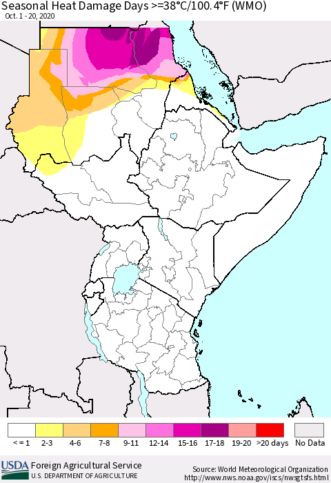 Eastern Africa Seasonal Heat Damage Days >=38°C/100°F (WMO) Thematic Map For 10/1/2020 - 10/20/2020