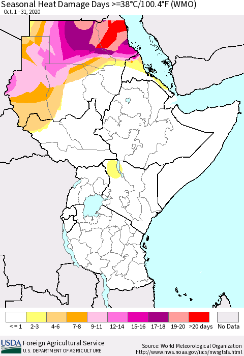 Eastern Africa Seasonal Heat Damage Days >=38°C/100°F (WMO) Thematic Map For 10/1/2020 - 10/31/2020