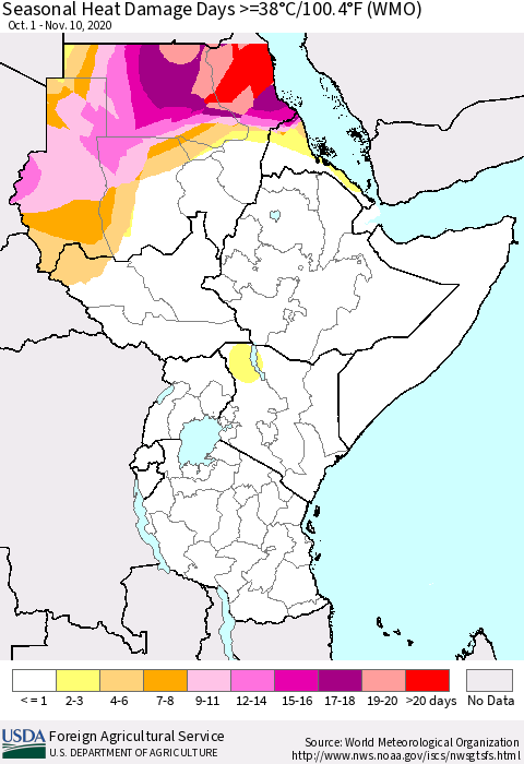 Eastern Africa Seasonal Heat Damage Days >=38°C/100°F (WMO) Thematic Map For 10/1/2020 - 11/10/2020