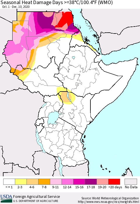 Eastern Africa Seasonal Heat Damage Days >=38°C/100°F (WMO) Thematic Map For 10/1/2020 - 12/10/2020