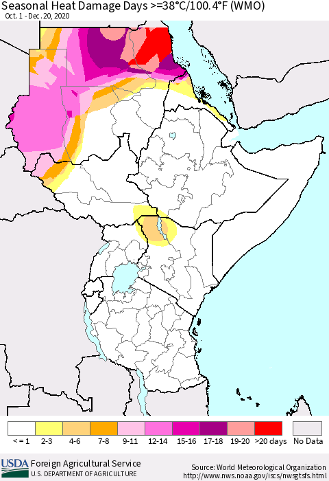 Eastern Africa Seasonal Heat Damage Days >=38°C/100°F (WMO) Thematic Map For 10/1/2020 - 12/20/2020