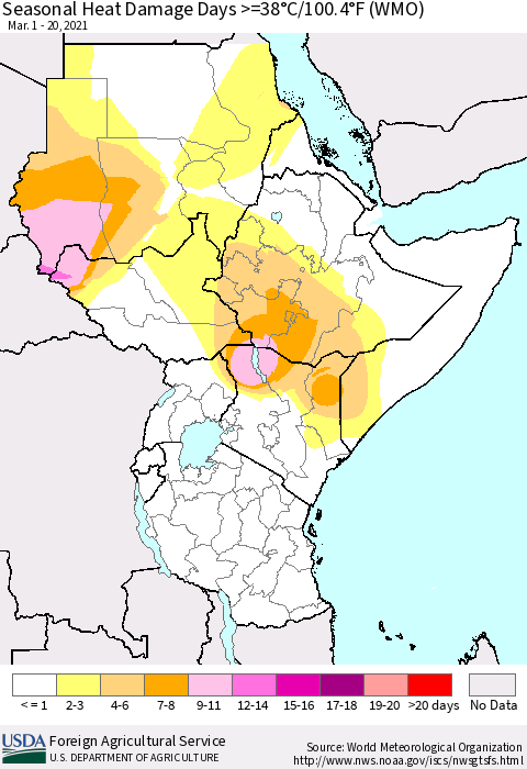 Eastern Africa Seasonal Heat Damage Days >=38°C/100°F (WMO) Thematic Map For 3/1/2021 - 3/20/2021
