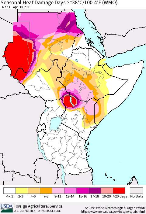 Eastern Africa Seasonal Heat Damage Days >=38°C/100°F (WMO) Thematic Map For 3/1/2021 - 4/30/2021