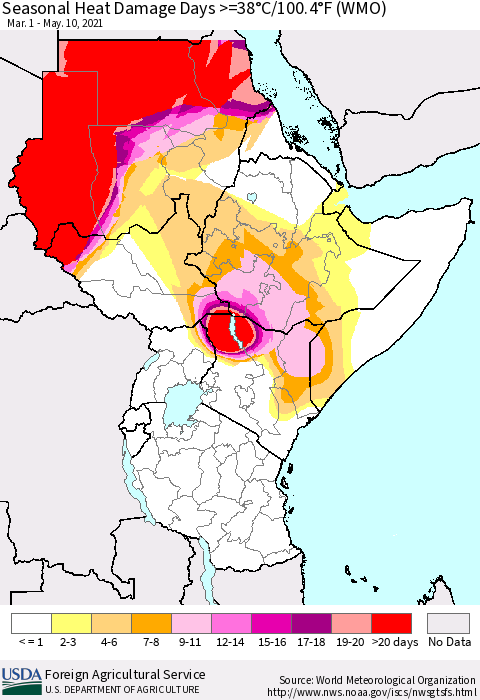 Eastern Africa Seasonal Heat Damage Days >=38°C/100°F (WMO) Thematic Map For 3/1/2021 - 5/10/2021