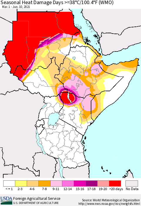 Eastern Africa Seasonal Heat Damage Days >=38°C/100°F (WMO) Thematic Map For 3/1/2021 - 6/10/2021