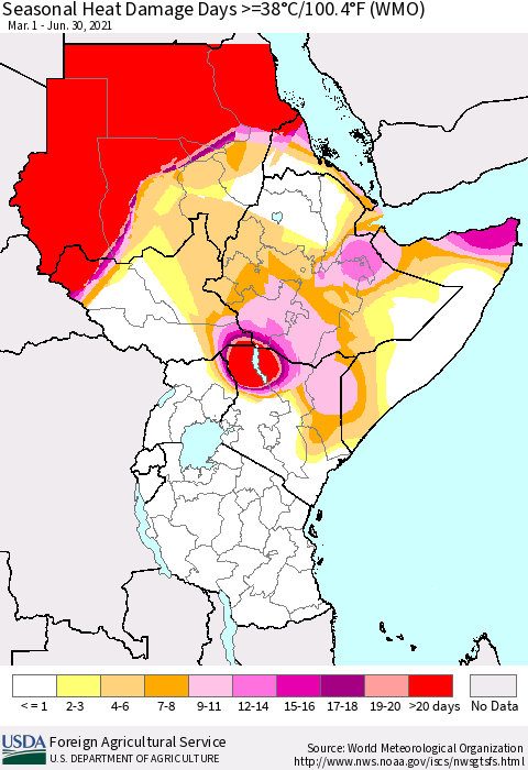 Eastern Africa Seasonal Heat Damage Days >=38°C/100°F (WMO) Thematic Map For 3/1/2021 - 6/30/2021
