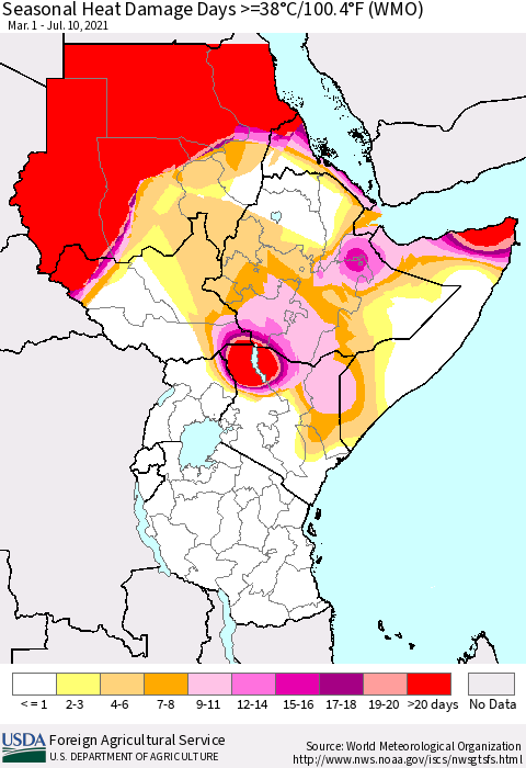 Eastern Africa Seasonal Heat Damage Days >=38°C/100°F (WMO) Thematic Map For 3/1/2021 - 7/10/2021