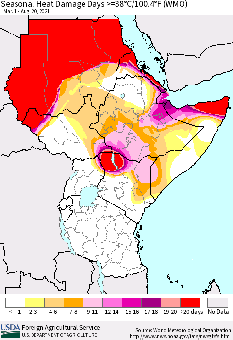 Eastern Africa Seasonal Heat Damage Days >=38°C/100°F (WMO) Thematic Map For 3/1/2021 - 8/20/2021