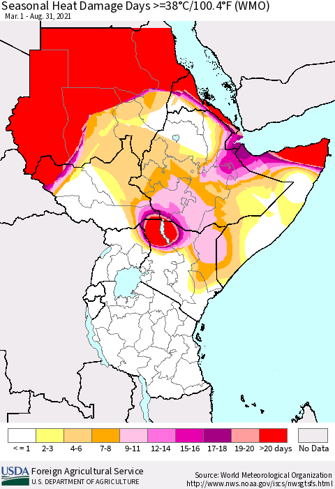 Eastern Africa Seasonal Heat Damage Days >=38°C/100°F (WMO) Thematic Map For 3/1/2021 - 8/31/2021