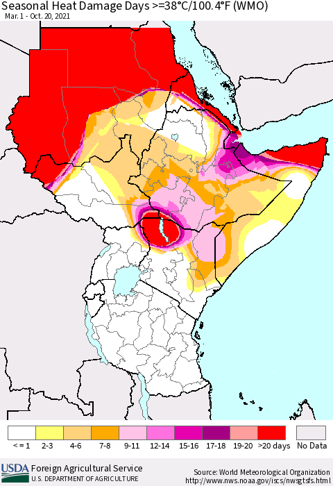 Eastern Africa Seasonal Heat Damage Days >=38°C/100°F (WMO) Thematic Map For 3/1/2021 - 10/20/2021