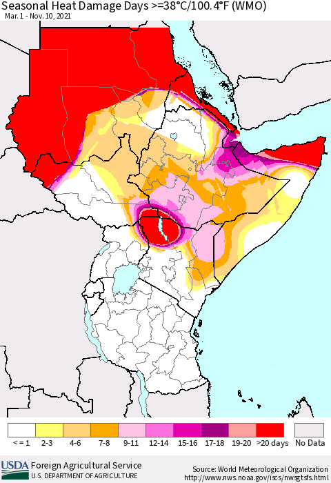 Eastern Africa Seasonal Heat Damage Days >=38°C/100°F (WMO) Thematic Map For 3/1/2021 - 11/10/2021