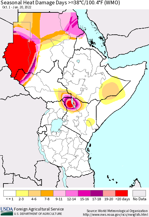 Eastern Africa Seasonal Heat Damage Days >=38°C/100°F (WMO) Thematic Map For 10/1/2021 - 1/20/2022