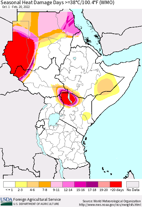 Eastern Africa Seasonal Heat Damage Days >=38°C/100°F (WMO) Thematic Map For 10/1/2021 - 2/20/2022