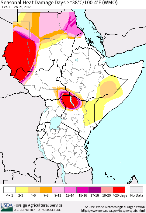 Eastern Africa Seasonal Heat Damage Days >=38°C/100°F (WMO) Thematic Map For 10/1/2021 - 2/28/2022