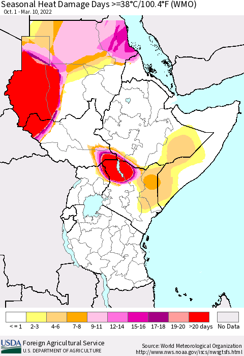 Eastern Africa Seasonal Heat Damage Days >=38°C/100°F (WMO) Thematic Map For 10/1/2021 - 3/10/2022
