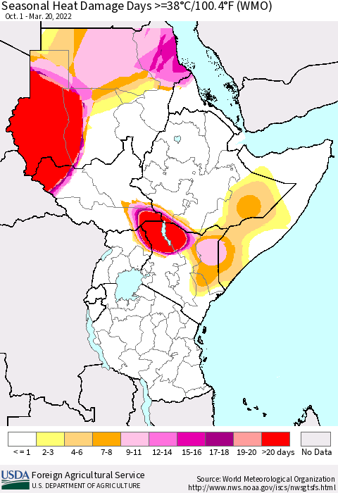 Eastern Africa Seasonal Heat Damage Days >=38°C/100°F (WMO) Thematic Map For 10/1/2021 - 3/20/2022