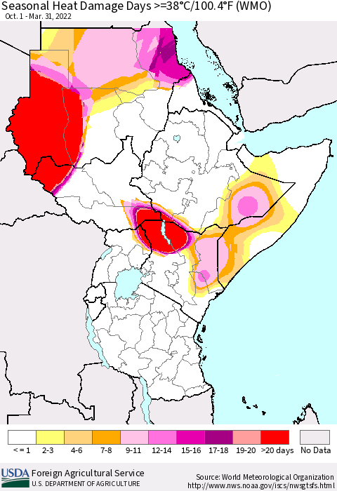 Eastern Africa Seasonal Heat Damage Days >=38°C/100°F (WMO) Thematic Map For 10/1/2021 - 3/31/2022