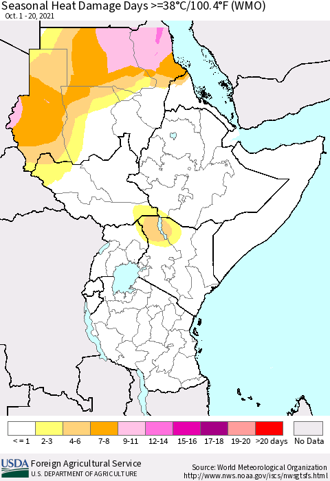 Eastern Africa Seasonal Heat Damage Days >=38°C/100.4°F (WMO) Thematic Map For 10/1/2021 - 10/20/2021
