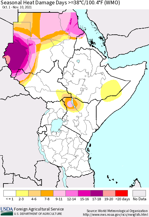 Eastern Africa Seasonal Heat Damage Days >=38°C/100°F (WMO) Thematic Map For 10/1/2021 - 11/10/2021