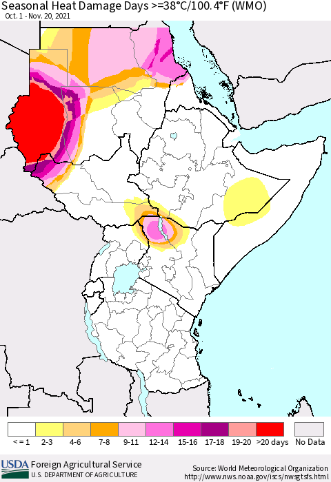 Eastern Africa Seasonal Heat Damage Days >=38°C/100°F (WMO) Thematic Map For 10/1/2021 - 11/20/2021