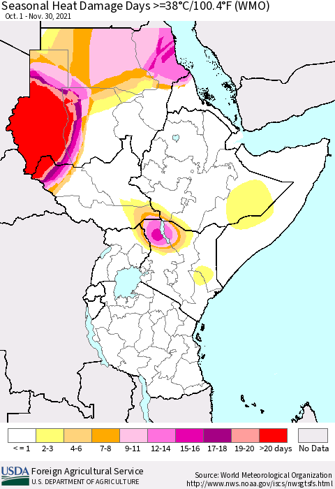 Eastern Africa Seasonal Heat Damage Days >=38°C/100.4°F (WMO) Thematic Map For 10/1/2021 - 11/30/2021