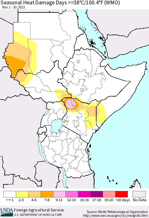 Eastern Africa Seasonal Heat Damage Days >=38°C/100°F (WMO) Thematic Map For 3/1/2022 - 3/10/2022