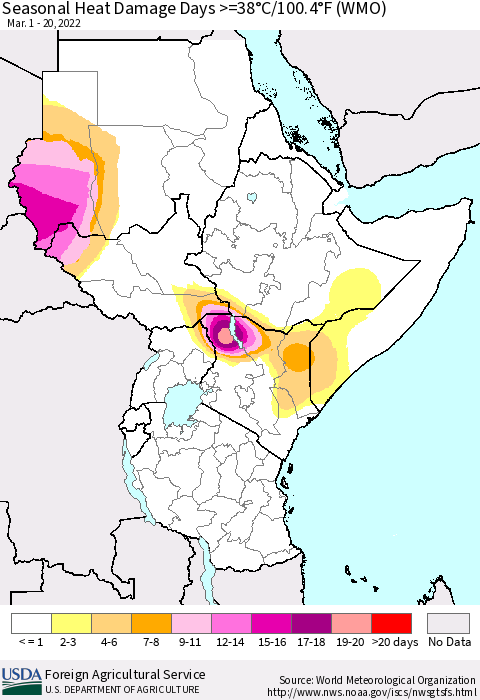 Eastern Africa Seasonal Heat Damage Days >=38°C/100°F (WMO) Thematic Map For 3/1/2022 - 3/20/2022