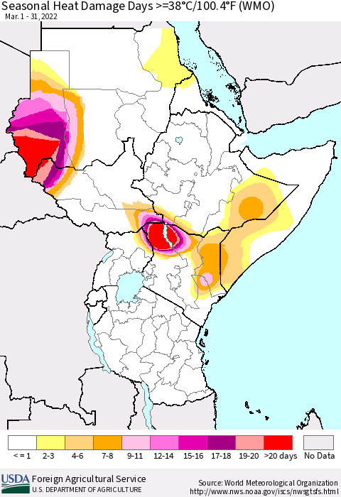 Eastern Africa Seasonal Heat Damage Days >=38°C/100°F (WMO) Thematic Map For 3/1/2022 - 3/31/2022