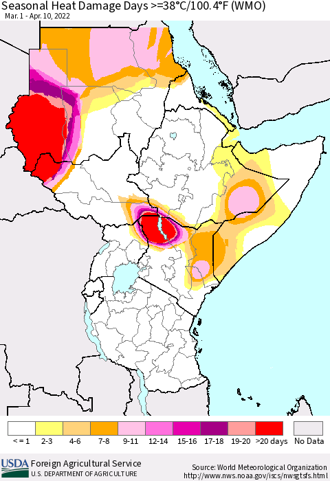 Eastern Africa Seasonal Heat Damage Days >=38°C/100°F (WMO) Thematic Map For 3/1/2022 - 4/10/2022