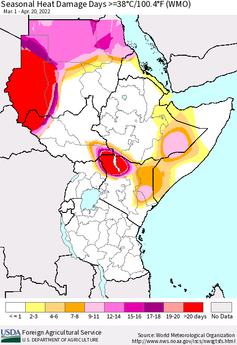 Eastern Africa Seasonal Heat Damage Days >=38°C/100°F (WMO) Thematic Map For 3/1/2022 - 4/20/2022