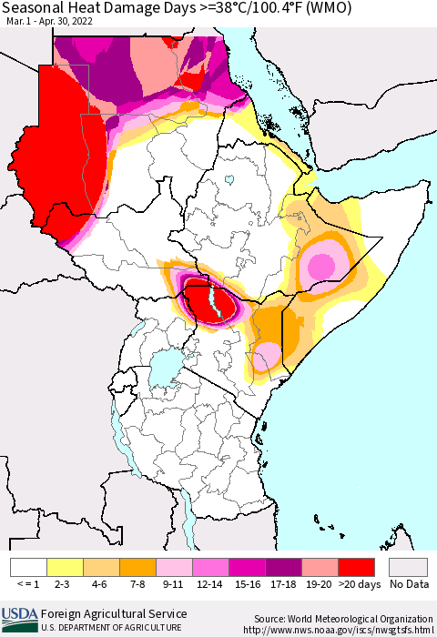 Eastern Africa Seasonal Heat Damage Days >=38°C/100°F (WMO) Thematic Map For 3/1/2022 - 4/30/2022