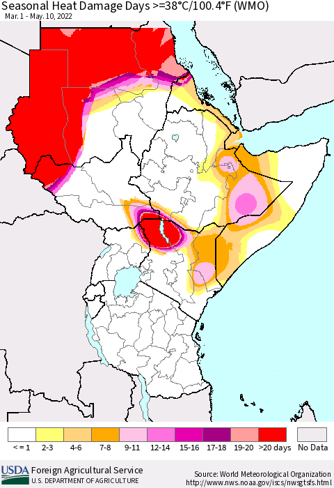 Eastern Africa Seasonal Heat Damage Days >=38°C/100°F (WMO) Thematic Map For 3/1/2022 - 5/10/2022