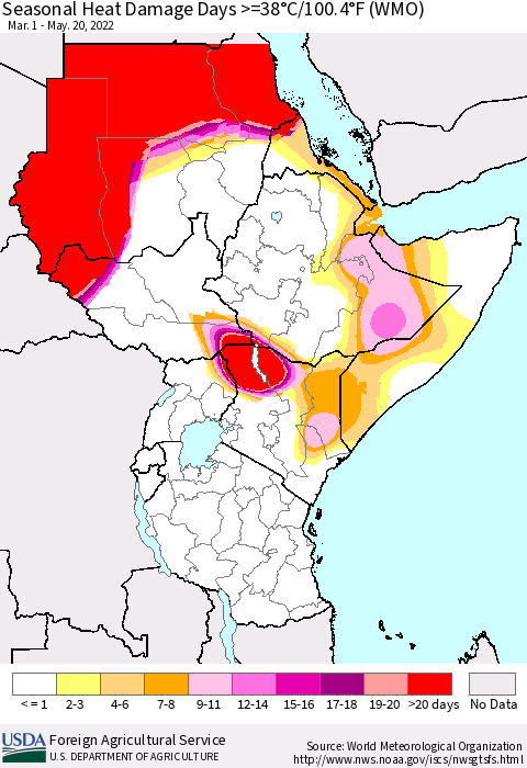 Eastern Africa Seasonal Heat Damage Days >=38°C/100°F (WMO) Thematic Map For 3/1/2022 - 5/20/2022