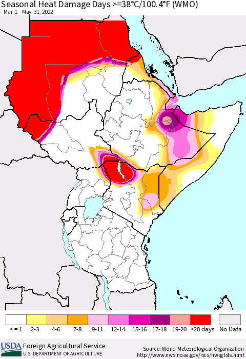 Eastern Africa Seasonal Heat Damage Days >=38°C/100°F (WMO) Thematic Map For 3/1/2022 - 5/31/2022