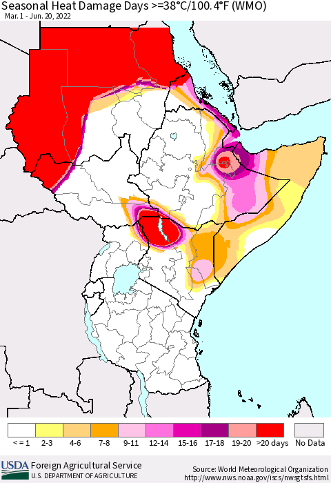Eastern Africa Seasonal Heat Damage Days >=38°C/100°F (WMO) Thematic Map For 3/1/2022 - 6/20/2022