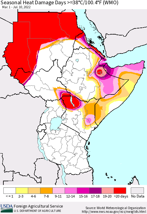 Eastern Africa Seasonal Heat Damage Days >=38°C/100°F (WMO) Thematic Map For 3/1/2022 - 7/10/2022