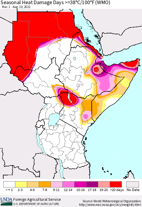 Eastern Africa Seasonal Heat Damage Days >=38°C/100°F (WMO) Thematic Map For 3/1/2022 - 8/10/2022