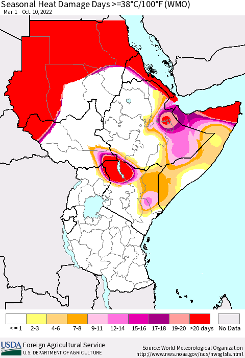 Eastern Africa Seasonal Heat Damage Days >=38°C/100°F (WMO) Thematic Map For 3/1/2022 - 10/10/2022