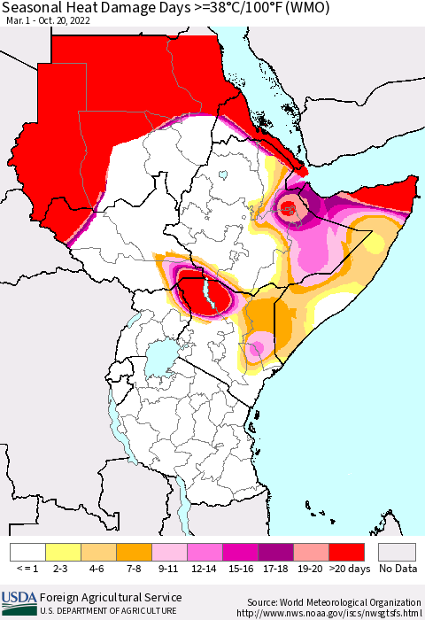 Eastern Africa Seasonal Heat Damage Days >=38°C/100°F (WMO) Thematic Map For 3/1/2022 - 10/20/2022